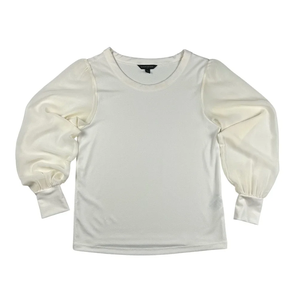 Banana‎ Republic Women White Crepe Mixed Media Puff Sleeve Top XS Snow Day